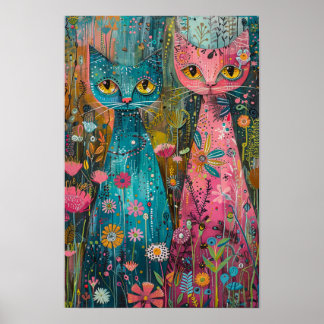 Floral Cats in Daisy Field: Vibrant Art Piece Poster