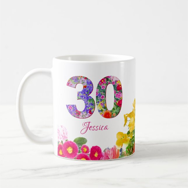 Floral Celebration Personalized 30th Birthday Mug (Left)