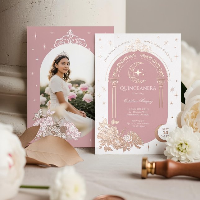 Floral Celestial Moon Star Tiara Quinceanera Photo (Floral Celestial Moon Star Tiara Quinceanera Photo Foil Invitation (Front & Back))