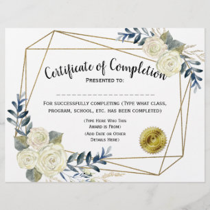 Floral Certificate of Completion, Customize 8.5x11