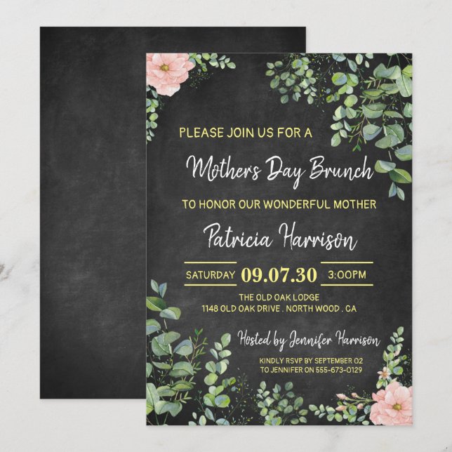 Floral Chalkboard Fête des Mères Brunch Invitation (Devant / Derrière)