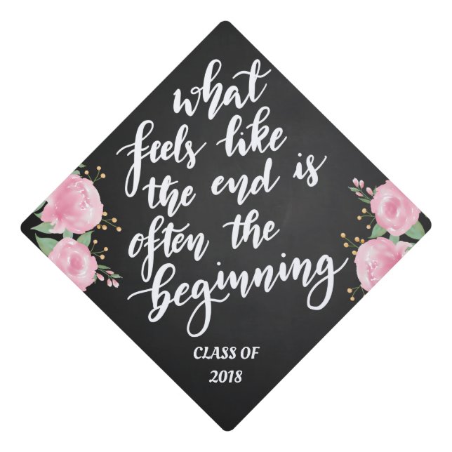 Floral Chalkboard Graduate Handwritten Script Graduation Cap Topper (Front)