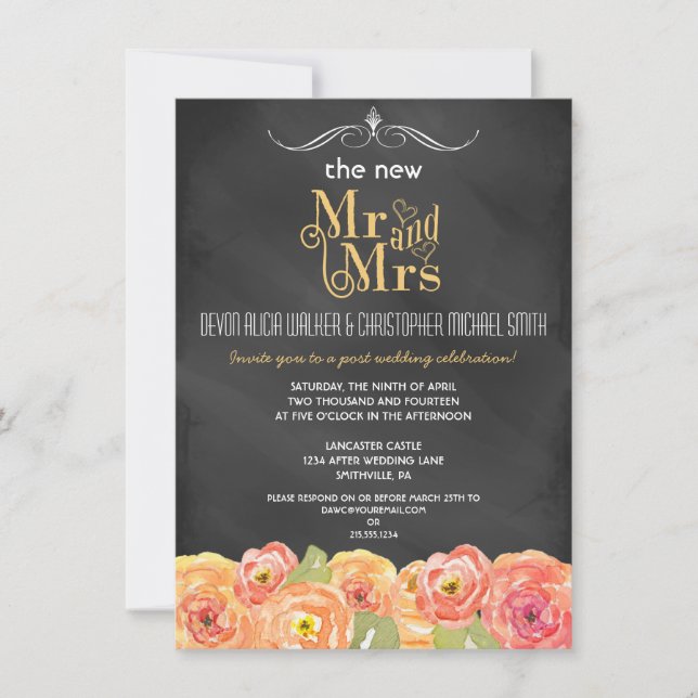 Floral Chalkboard Post Mariage Fête Invitation (Devant)