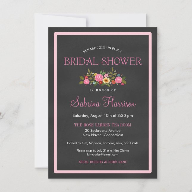 Floral Chalkboard Style Bridal Shower Invitations (Front)