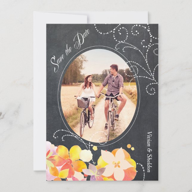 Floral Chalkboard Wedding Photo Save the Date Invitation (Front)