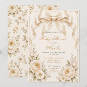 Floral Champagne Coquette Bow Baby Shower Invitation