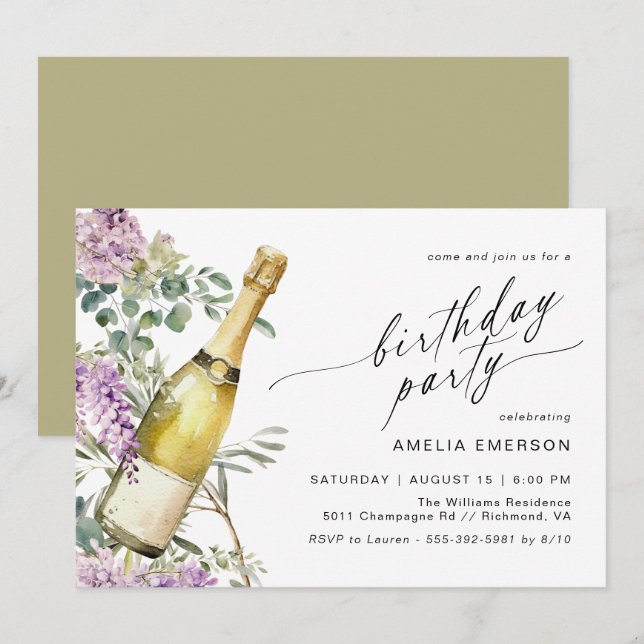 Floral Champagne Cute Fun Any Age Womens Birthday Invitation (Front/Back)