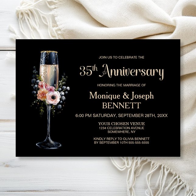 Floral Champagne Glass 35th Wedding Anniversary Invitation (Creator Uploaded)