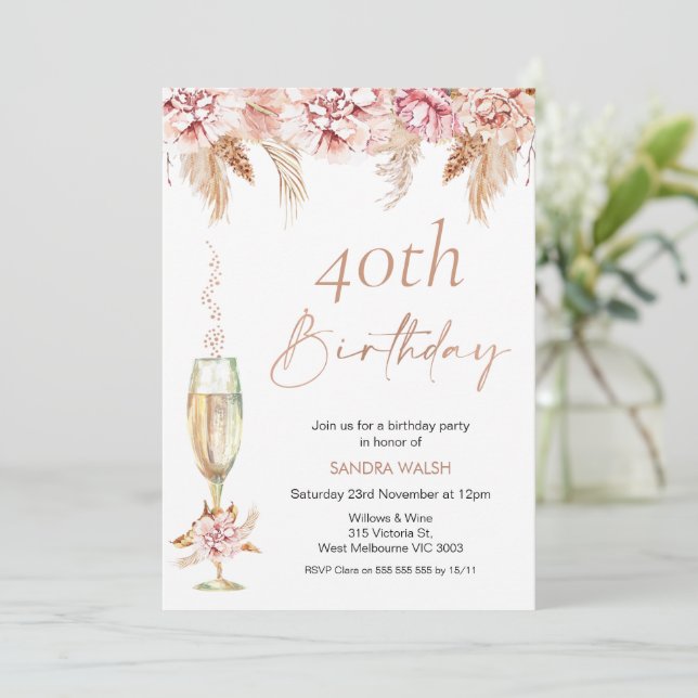Floral Champagne Glass Boho Pampas Birthday  Invitation (Standing Front)