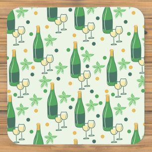 Floral Chardonnay Bottles Glasses Pattern Coaster