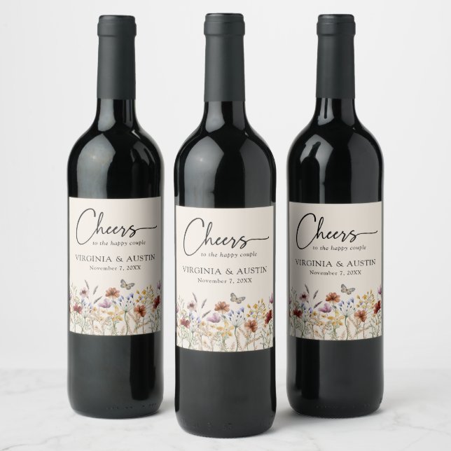 Floral Cheers Wedding Wine Label (Bottles)