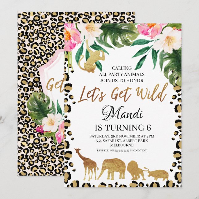 Floral Cheetah Print Lets Get Wild  Birthday Invitation (Front/Back)