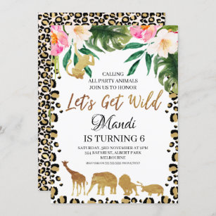 Floral Cheetah Print Lets Get Wild  Birthday Invitation