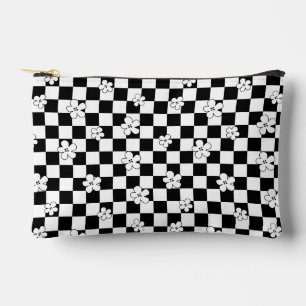 Floral chequered black and white pattern accessory pouch