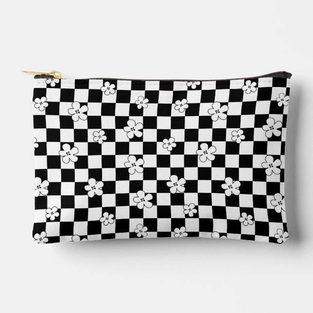 Floral chequered black and white pattern accessory pouch (Front)