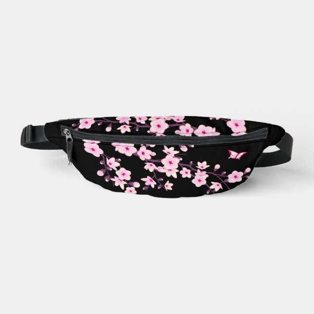 Floral Cherry Blossom Black Pink Monogram Fanny Pack (Front)