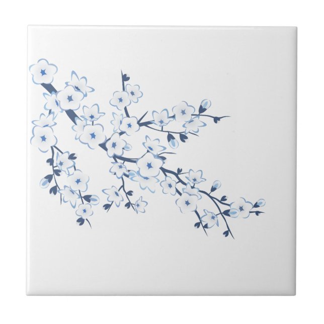 Floral Cherry Blossom Blue White Tile (Front)