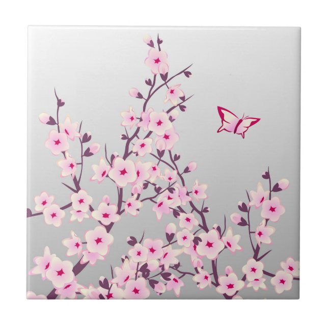 Floral Cherry Blossom Butterfly Pink Grey Tile (Front)