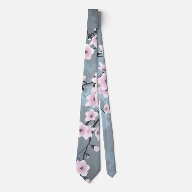 Floral Cherry Blossom Dusky Pink Dusty Blue Tie (Front)