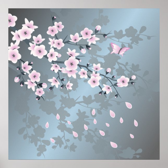 Floral Cherry Blossom Dusty Pink Blue Poster (Front)