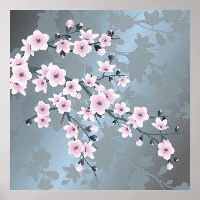 Floral Cherry Blossom Dusty Pink Blue Poster (Front)