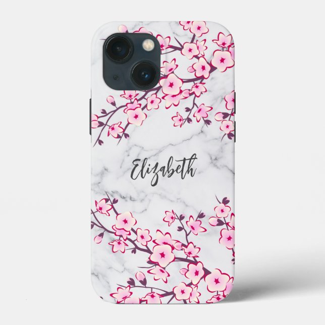Floral Cherry Blossom Light Grey Marble Monogram Case-Mate iPhone Case (Back)