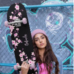 Floral Cherry Blossom Monogram Black Pink Girly Skateboard<br><div class="desc">Pink black botanical Japanese cherry blossom design for teen girls.
Customize this Skateboard with your daughter's name!</div>