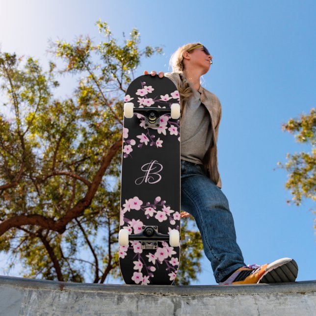Floral Cherry Blossom Monogram Black Pink  Skateboard (Outdoor 1)