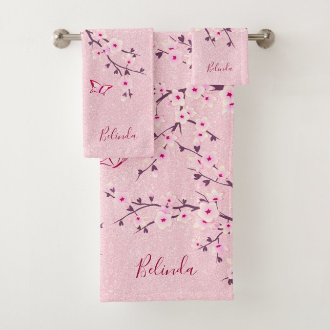 Floral Cherry Blossom Monogram Name Pink Glitter Bath Towel Set (Insitu)