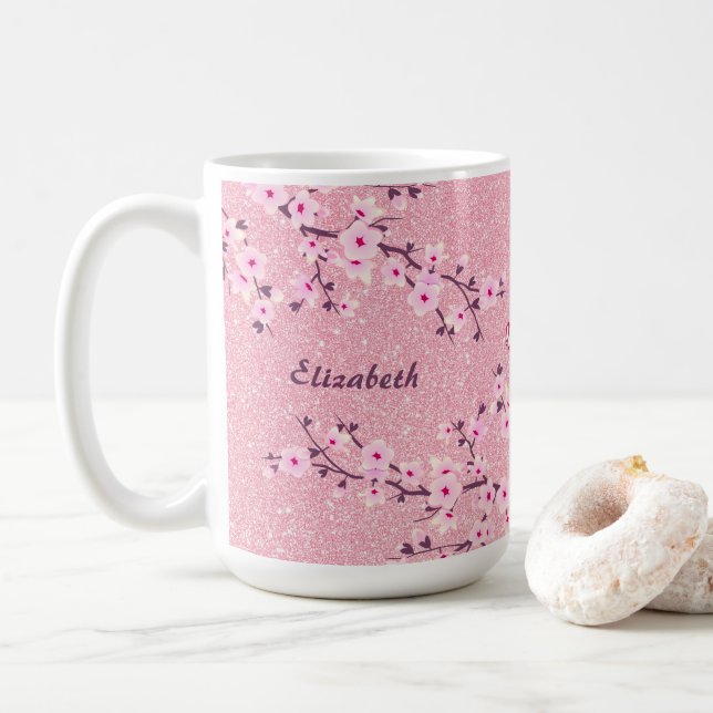 Floral Cherry Blossom Monogram Pink Glitter Coffee Coffee Mug (With Donut)