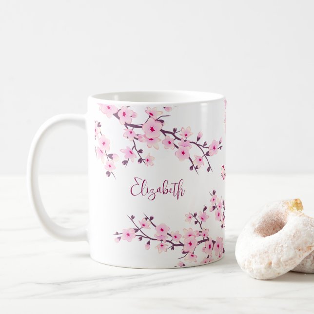 Floral Cherry Blossom Monogram Pink White Coffee Mug (With Donut)