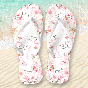 Floral Cherry Blossom Name Pink White Flip Flops