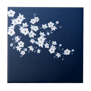 Floral Cherry Blossom Navy Blue White Tile