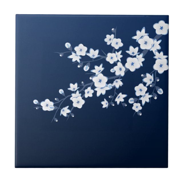Floral Cherry Blossom Navy Blue White Tile (Front)