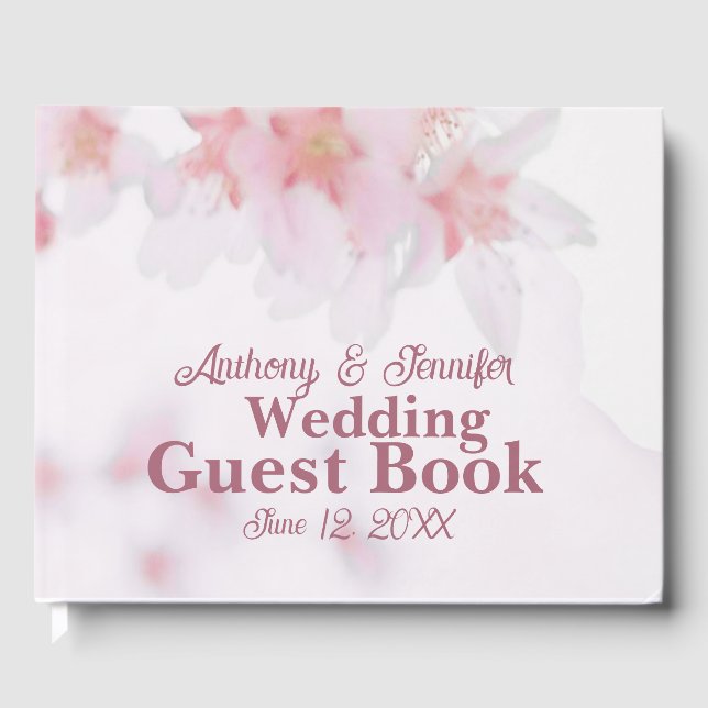 Floral Cherry Blossom Pink and White Custom Name Guest Book (Front)