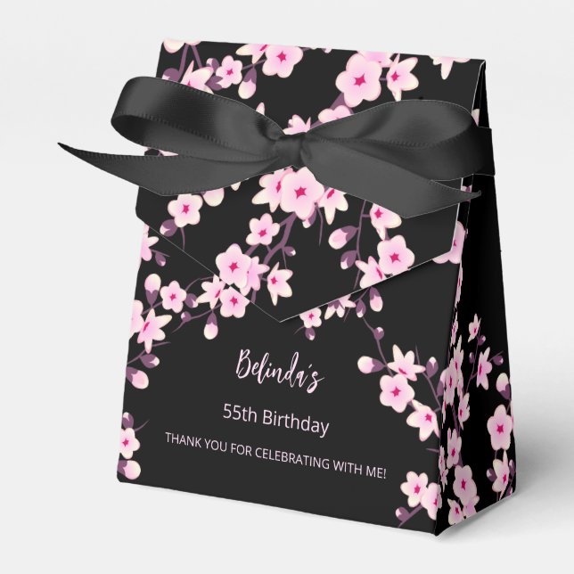 Floral Cherry Blossom Pink Black Custom Birthday Favor Box (Front Side)