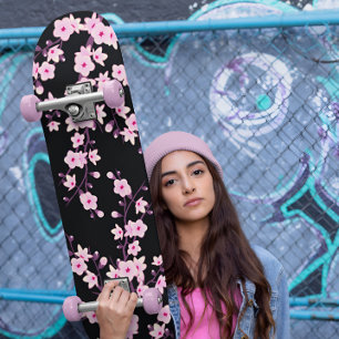 Floral Cherry Blossom Pink Black Girly Skateboard
