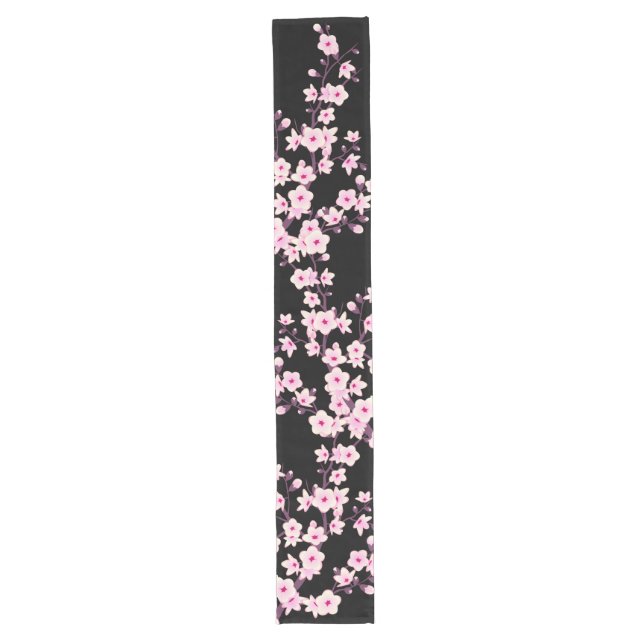 Floral Cherry Blossom Pink Black Long Table Runner (Front)