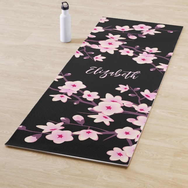 Floral Cherry Blossom Pink Black Monogram  Yoga Mat (In Situ)