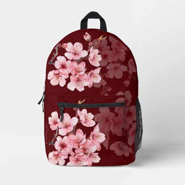 Floral Cherry Blossom Pink Burgundy Printed Backpack (Front)