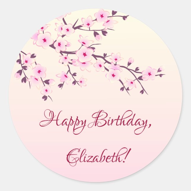Floral Cherry Blossom Pink | Custom Birthday   Classic Round Sticker (Front)
