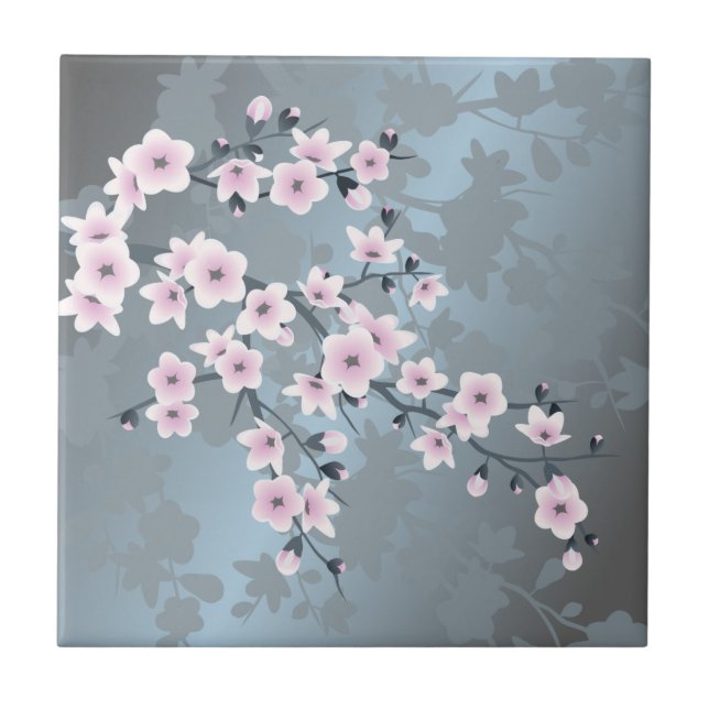 Floral Cherry Blossom Pink Dusty Blue  Tile (Front)
