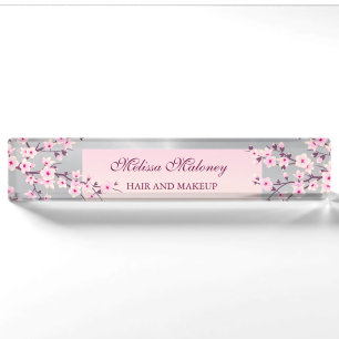 Floral Cherry Blossom Pink Grey Desk Nameplate