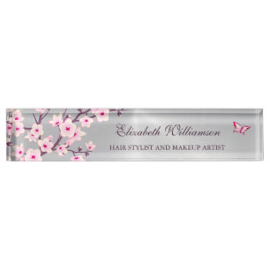 Floral Cherry Blossom Pink Grey Hair And Makeup Nameplate
