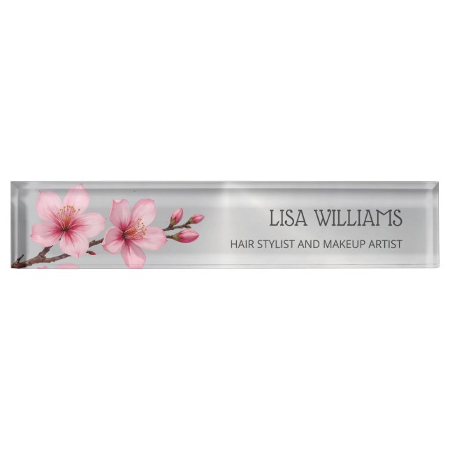 Floral Cherry Blossom Pink Grey Hair And Makeup Nameplate (Front)