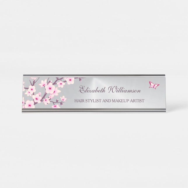 Floral Cherry Blossom Pink Grey Salon Desk Name Plate (Front)