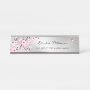 Floral Cherry Blossom Pink Grey Salon Desk Name Plate