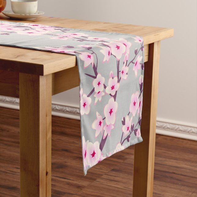 Floral Cherry Blossom Pink Grey Short Table Runner (In Situ)