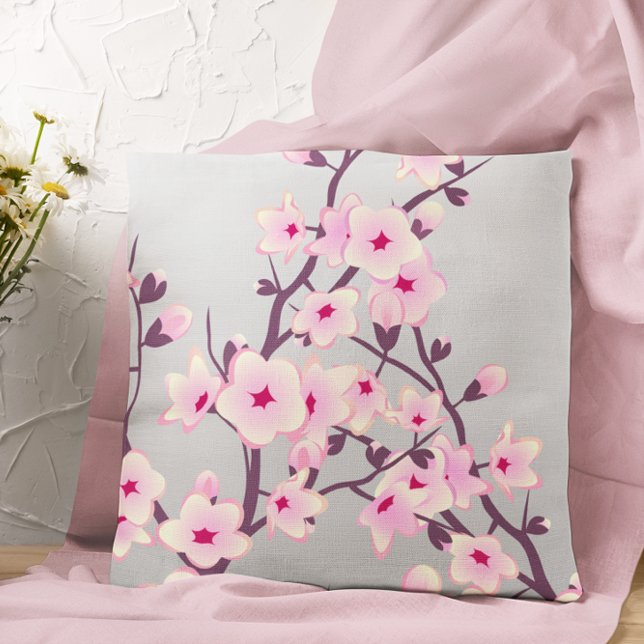 Floral Cherry Blossom Pink Grey Throw Pillow (Creator Uploaded)
