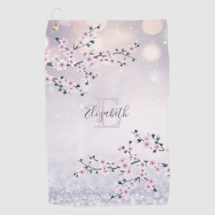 Floral Cherry Blossom Pink Mauve Glitter Monogram Golf Towel